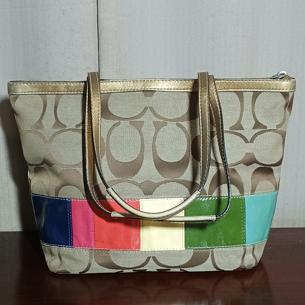 Coach Signature Stripe Leather Tote - Picture 2 of 5